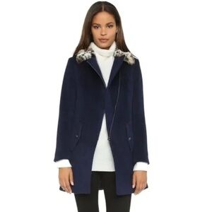 Rebecca Taylor asymmetric zipper car coat with faux fur collar. Size 2